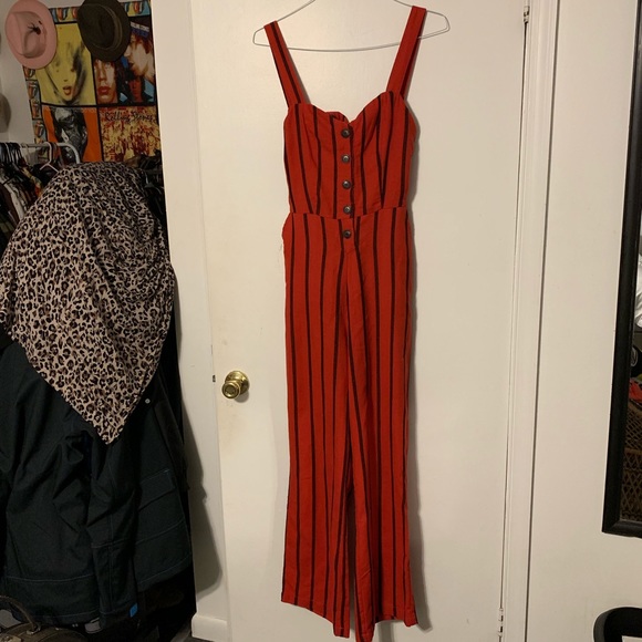 red and black striped jumpsuit